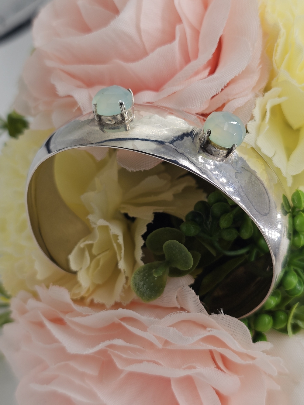 Sterling Silver Cuff Bracelet with Chalcedony Faceted Cabochons